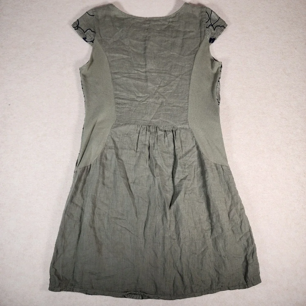 Puro Lino Linen Floral Embroidered Dress Sleeveless Casual Olive Green - Picture 3 of 7
